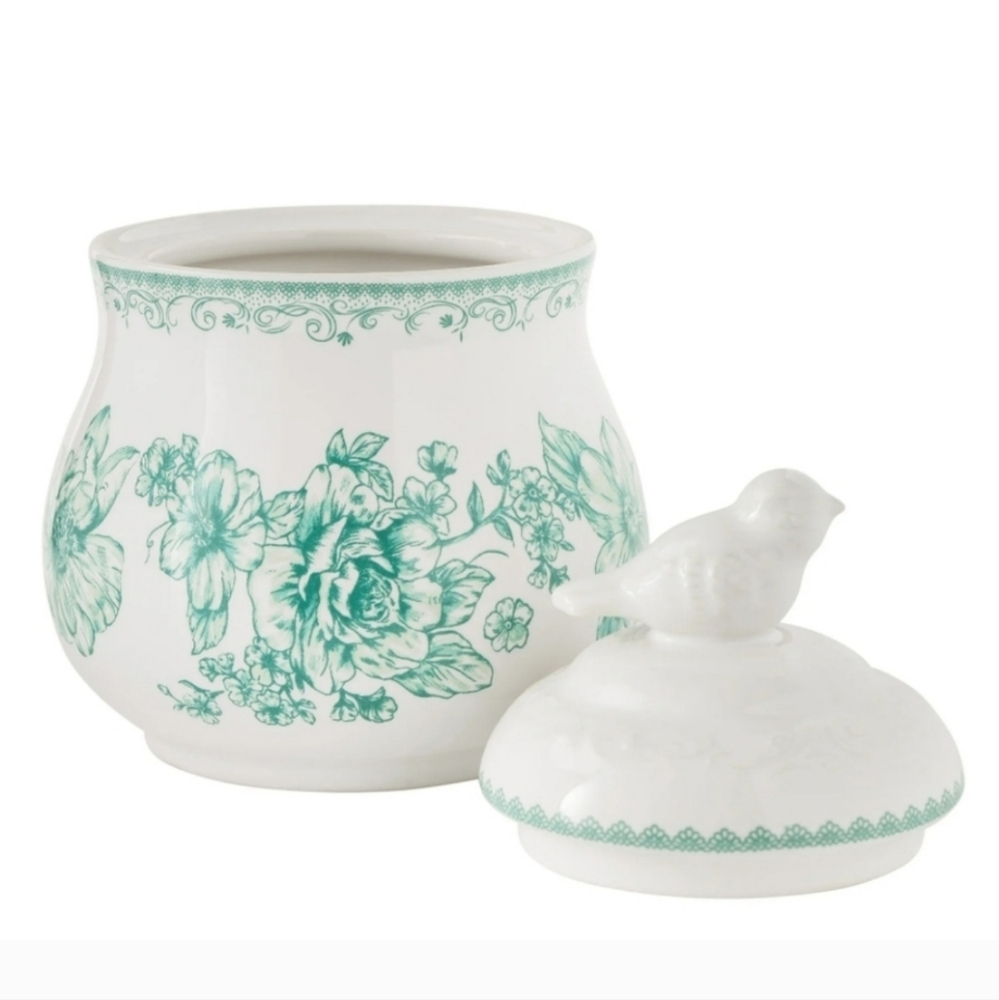 ❤️ New Pioneer Woman Agatha Green and White Serveware Sugar Bowl With Bi…